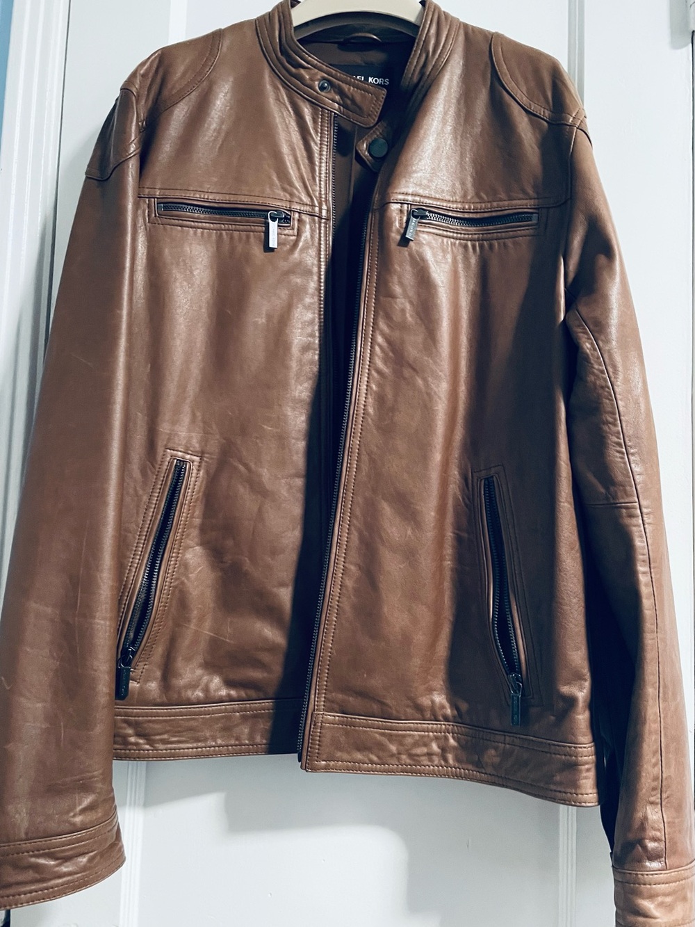 Michael Kors Men's Cognac Brown Leather Bomber Jacket